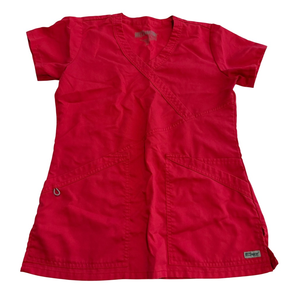 Greys Anatomy by Barco Red Mock Wrap Scrub Top XS 41383 V-Neck Medical Uniform